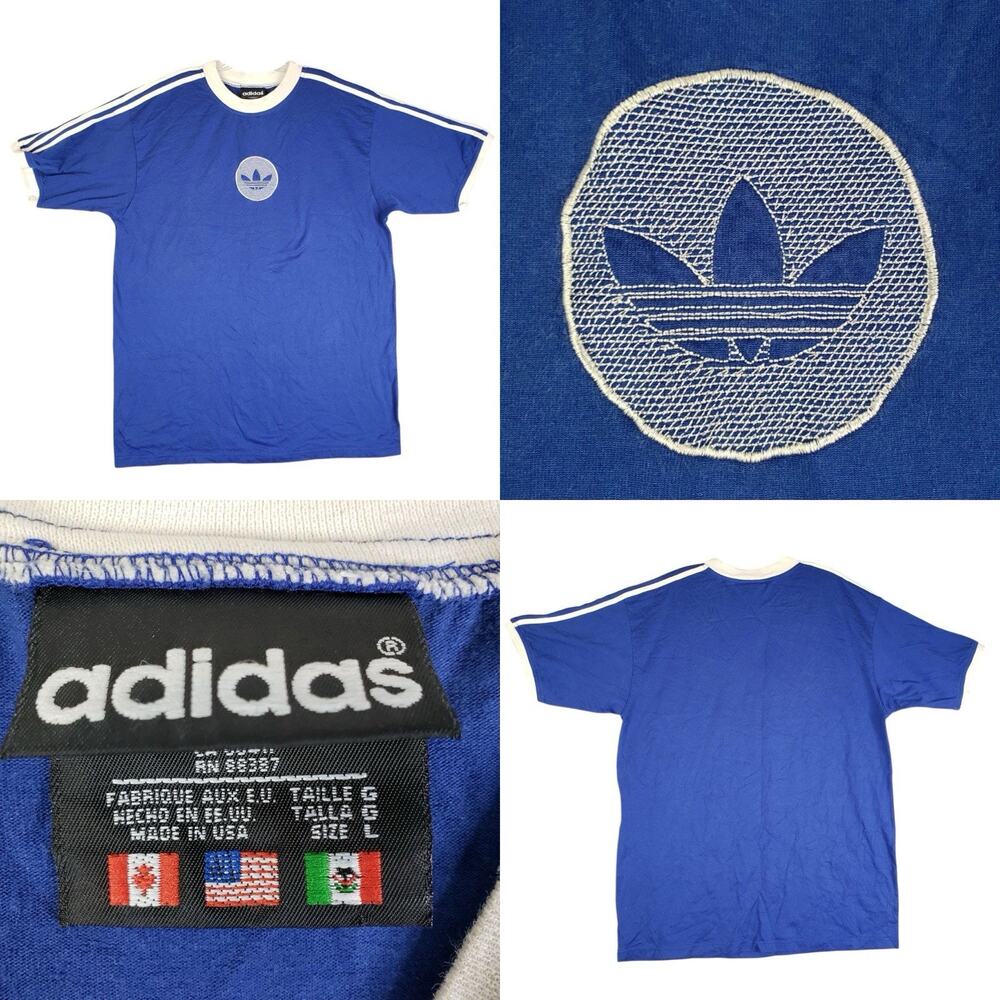 Vintage Adidas Shirt Mens Large Blue Short Sleeve 3 Stripe Trefoil Made USA 90s